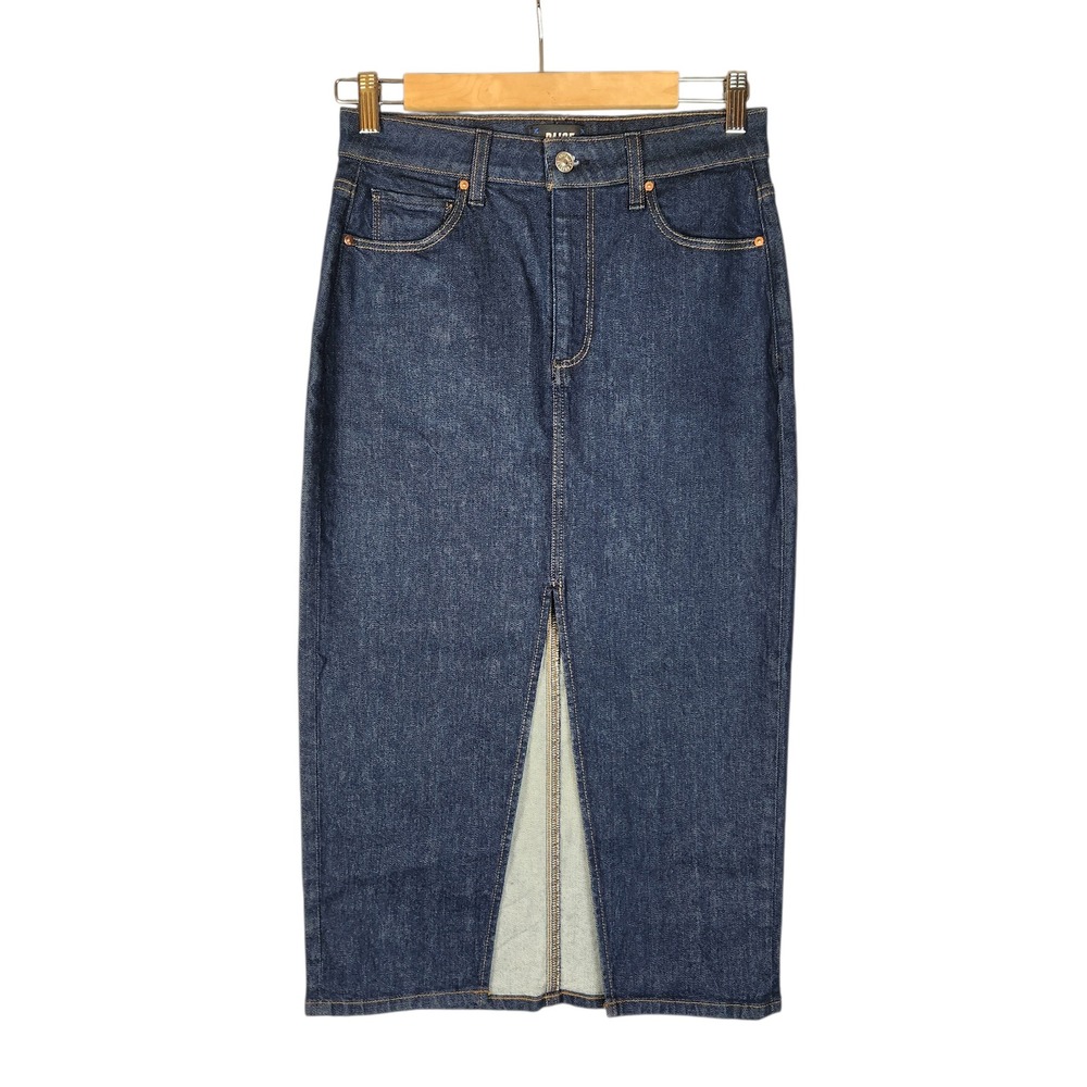 PAIGE Anglea Denim Midi Skirt 26 Dark Blue Front Slit High Rise Pencil